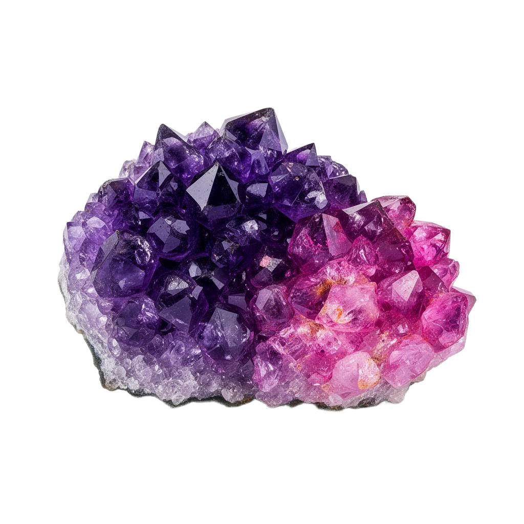 Cluster of amethyst and rose quartz crystals